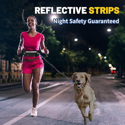 Hands Free Dog Leash with Pouch,Adjustable Waist Dog Running Leash for Large Medium Dogs,Dual Padded Handles and Retractable Bungee for Walking Jogging Training Hiking