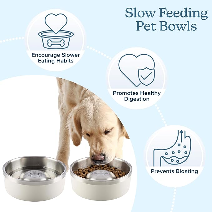 Set of 2 Stainless Steel Slow Feeder Dog Bowls - 60oz or 7.5 Cups Double Wall Insulated Food and Water Bowls for Dogs - Non Slip Metal Pet Dishes for Medium to Large Sized Pets by PETMAKER (Cream)