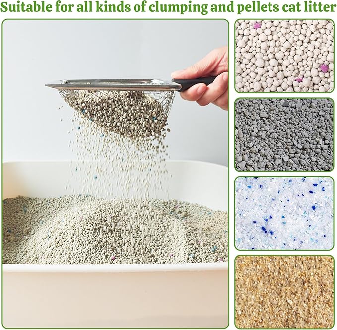 Widened Metal Cat Litter Scoop, Cat Scooper for Litter Box, Stainless Steel Pellet Kitty Litter Scoop, Cat Litter Scooper with Sticky Hang Hook for Easy Storage, Quickly Filter Litter Lumps(6mm Mesh)
