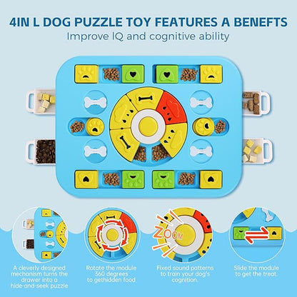 Dog Puzzle Toy for Smart Dogs with Sound,4-in-1 Interactive IQ Training & Cognitive Toy for Large & Small Dogs and Cat, Durable Food Puzzle to Keep Them Busy and Slow Feeder (L-Level4-Blue)