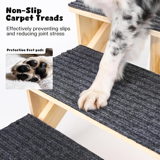 4-Step Dog Stairs for Large Dogs, Solid Wooden Dog Steps for Beds/Couch with Carpet, 24 Inches Anti-Slip Pet Stairs for High Beds, Ramp for Older/Senior Dogs, Pet Bed Stairs to Get on Bed/Sofa