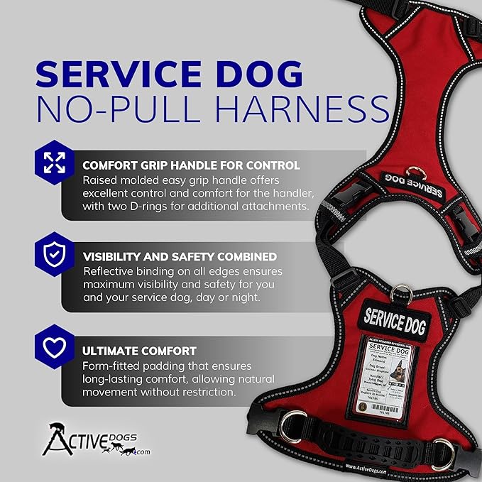 ActiveDogs No Pull Harness - Adjustable Service Dog Harness for Small Dogs with Control Handle, ID Window, D-Rings & Reflective Padding - Red, 19"-25"