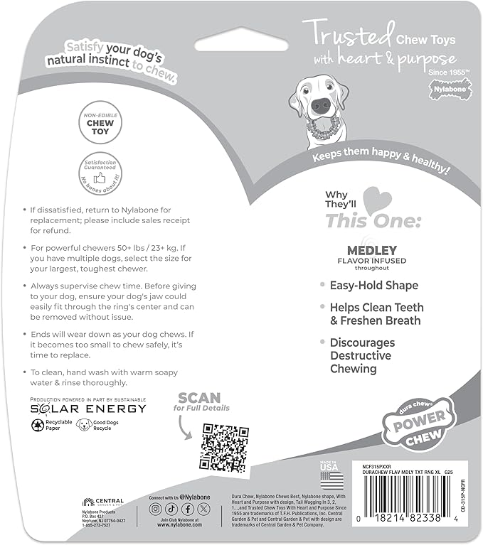 Nylabone Textured Ring Power Chew Toy for Large Dogs, Durable Dog Toys for Aggressive Chewers, Strong Dog Chew Bones To Keep Them Busy, Flavor Medley, X-Large - 50+ lbs, 1 Count