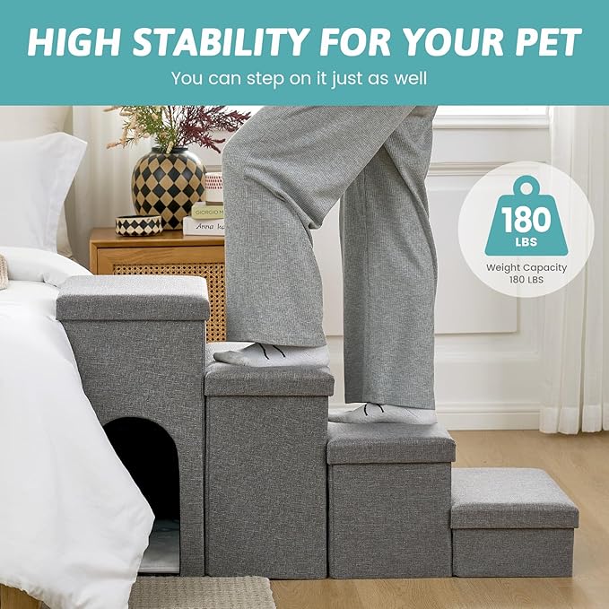 Dog Stairs with Storage, 4-Step Wider Sturdy Dog Steps for Small/Medium/Large Dogs and Older Cats, Doggie Ramp with Condo for Bed/Couch/Car Hold Up to 180 lbs (22.6" H, Grey)