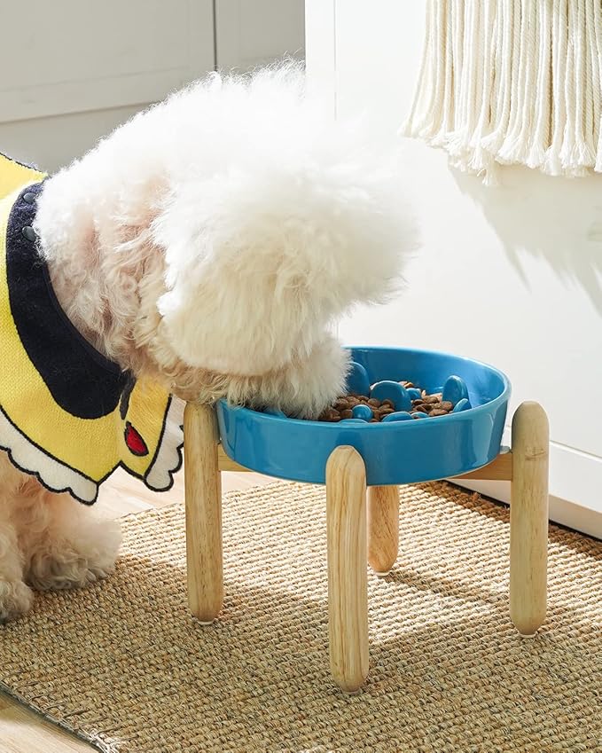 LE TAUCI Ceramic Slow Feeder Raised Dog Bowls with Wooden Stand, Puzzle Feeder, Elevated Dog Dishes to Slow Down Eating, 8 Inch Anti-Gulping Pet Feeding Dishes for Medium Dog