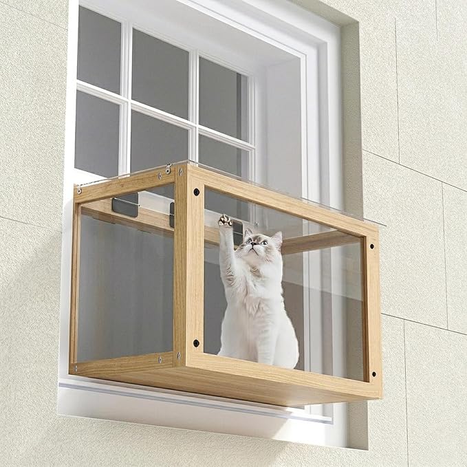 Wooden Cat Window Box, Sturdy Cat Perch Catio for 24-35 Inch Window, Window Catio for Indoor Cats for Pet Family, Fits Sunbathing Napping Overlooking, Easy Assemble, Natrual Wood