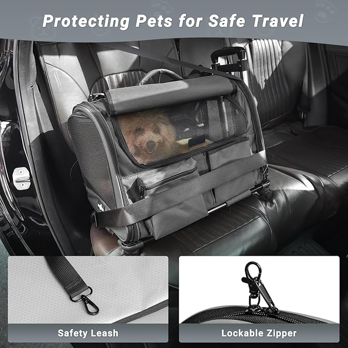 Large Pet Carrier with Wheels, Foldable Rolling Dog Carrier with Big Pocket, Cat Rolling Bag 21"x13"x13" for 2 Cats &Dogs, for Travel, Outdoor, Vet Visits, Camping, Indoor. Gray. (Not for Airline)