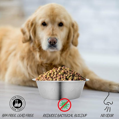 Stainless Steel Dog Bowls Set, 2 Pack for Replacement Dogs Bowl Stand, 8 Cups, 9 Inch Outer Diameter ~ Water Bowl for Raised Feeder with Opening 8.25" - 8.6" (Embossed)