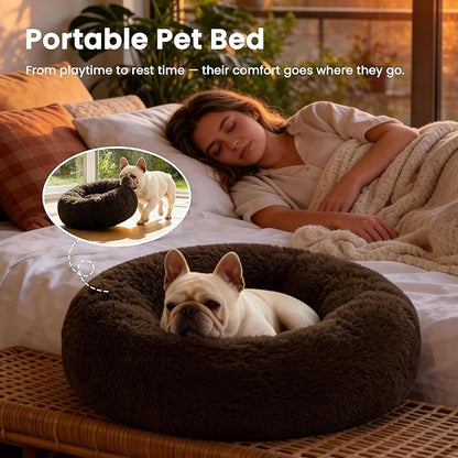 Love's cabin 20in Cat Beds for Indoor Cats - Cat Bed with Machine Washable, Waterproof Bottom - Dark Brown Fluffy Dog Pet Calming Cushion Bed for Joint-Relief and Sleep Improvement