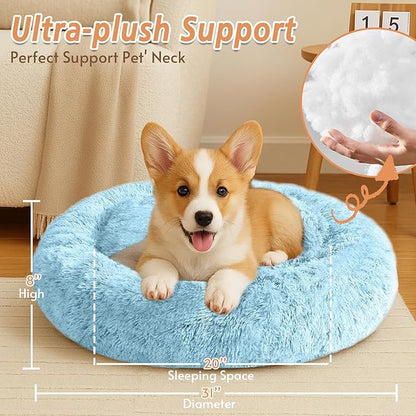 JOLLYVOGUE Calming Dog Bed Medium Size Dog, 31in Donut Washable Medium Pet Bed, Anti-Slip & Anti-Anxiety Fluffy Faux Fur Round Dogs Bed, Fits up to 45 lbs Pets (Light Blue)