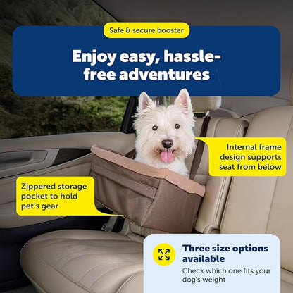 PetSafe Happy Ride Booster Seat for Dogs - Open Road Comfort - Safe Tether System - Zipper Pouch Dog Seat - Machine Washable Fleece Liner - Easy Install Design - Brown - Up to 25 lb