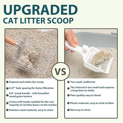 Cat Litter Scoop, Kitty Metal Scooper with Hook and Long Hole, Stainless Steel Kitten Poop Lifter for Litter Box, Non Stick, Durable and Heavy Duty Sifter for Easy Clean