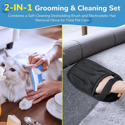 Pet Hair Removal Glove & Brush Set – Self-Cleaning Slicker Deshedding Brush and Reusable Hair Removal Glove for Dogs, and Cats, Gentle Grooming Tool for Long & Short Haired Pets