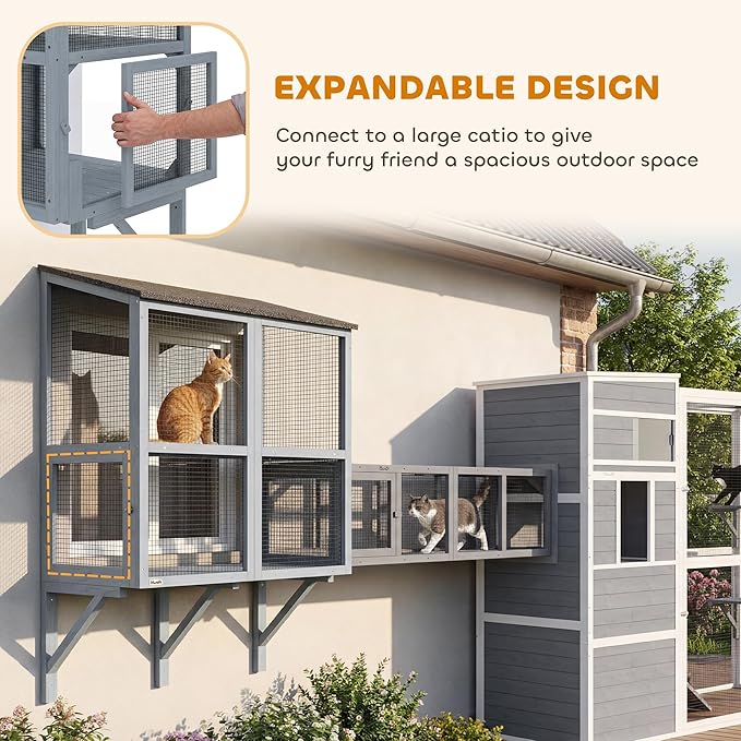 PawHut Cat Catio, Expandable Window Box Enclosure for Multiple Indoor Cats, Comfortable Wooden Pet Perch House, All Weather Use, with 2 Doors, for Sunbathing, Napping, Overlooking, 39" L