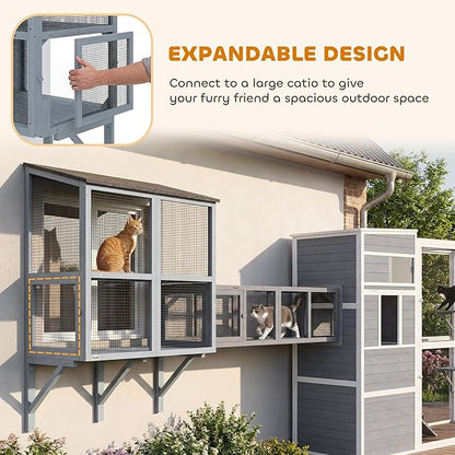 PawHut Cat Catio, Expandable Window Box Enclosure for Multiple Indoor Cats, Comfortable Wooden Pet Perch House, All Weather Use, with 2 Doors, for Sunbathing, Napping, Overlooking, 39" L