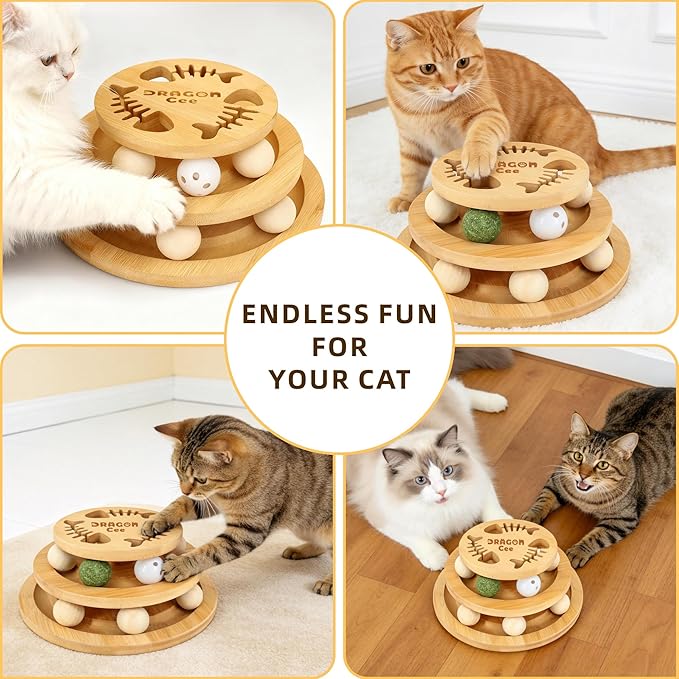 Cat Ball Track Toy with Puzzle Top, Interactive Cat Toys for Indoor Cats with Spinning Balls, Wooden Cat Ball Tower Toy for Kitten Kitty Exercise Mental Physical