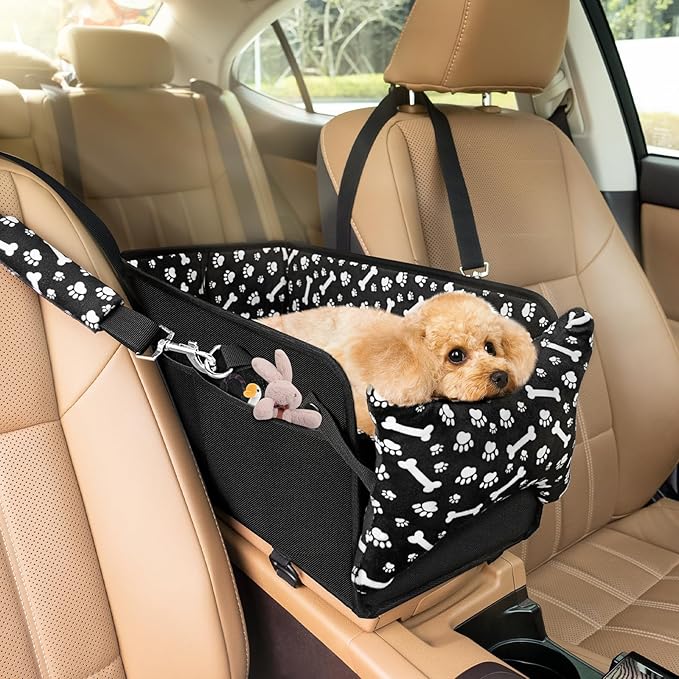 Center Console Dog Car Seat, Portable Pet Cat Puppy Booster Armrest Carseat, Anti-Collapse Pet Car Seat with Safety Leash, Adjustable Straps, Storage Pockets, Support Pet Up to 15lbs (Black)