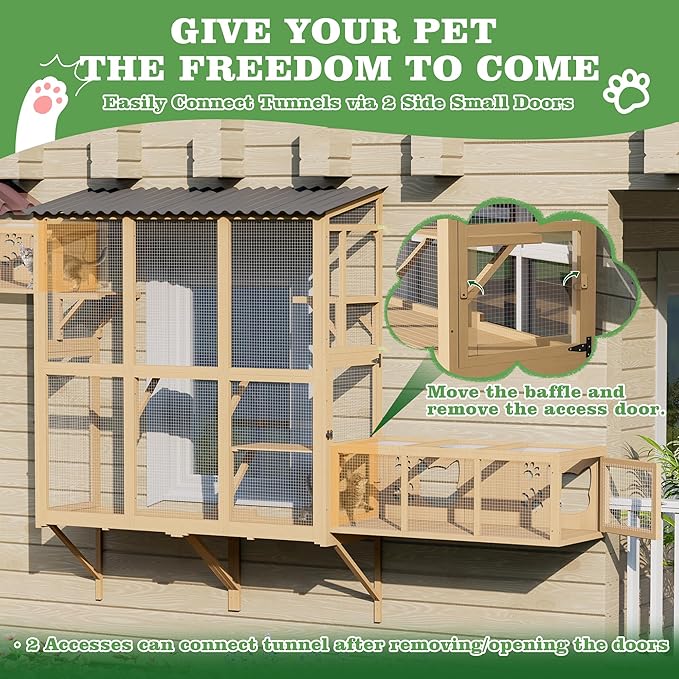Catio Outdoor Cat Enclosure Window Perch, Expandable Cat Window Box for Multiple Indoor Cats w/4 Platforms & 4 Doors, Patio Kitten House for Sunbathing Overlooking Tunnel Connection (Burlywood)