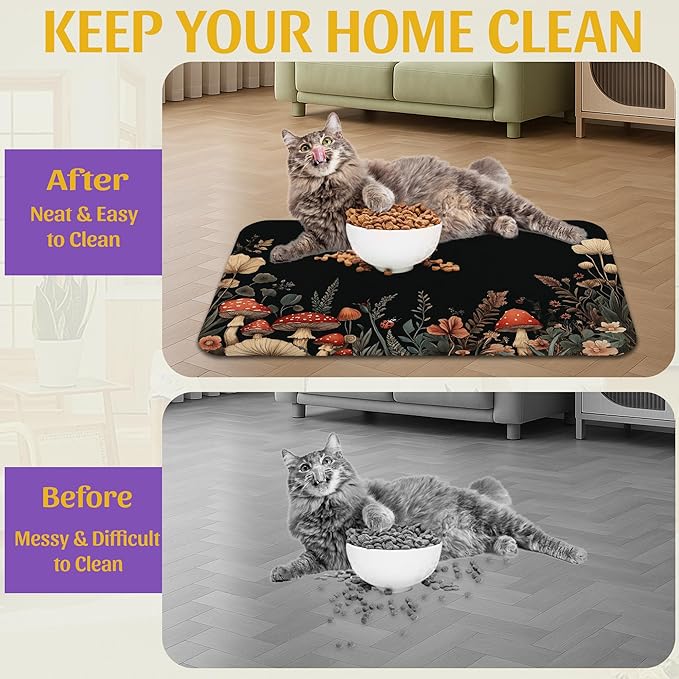 Vintage Mushroom Flower Pet Feeding Mat, Absorbent Dog Cat Bowl Pad, Fast Dry, Waterproof Rubber Back – 16x24 Inch
