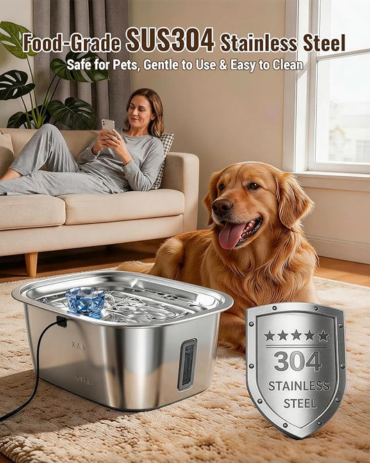 PETNF 3-Gallon Stainless Steel Dog Water Fountain for Large Dogs, Dog Water Bowl Dispenser with 2 Filters, Visible Water Window, Quiet Pump & LED Low-Water Indicator