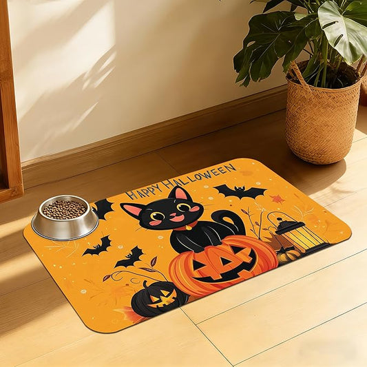 Halloween Cat Pet Feeding Mat, Absorbent Dog Bowl Pad, Quick Dry with Anti-Skid Bottom, Indoor Pet Accessories – 12x20 Inch