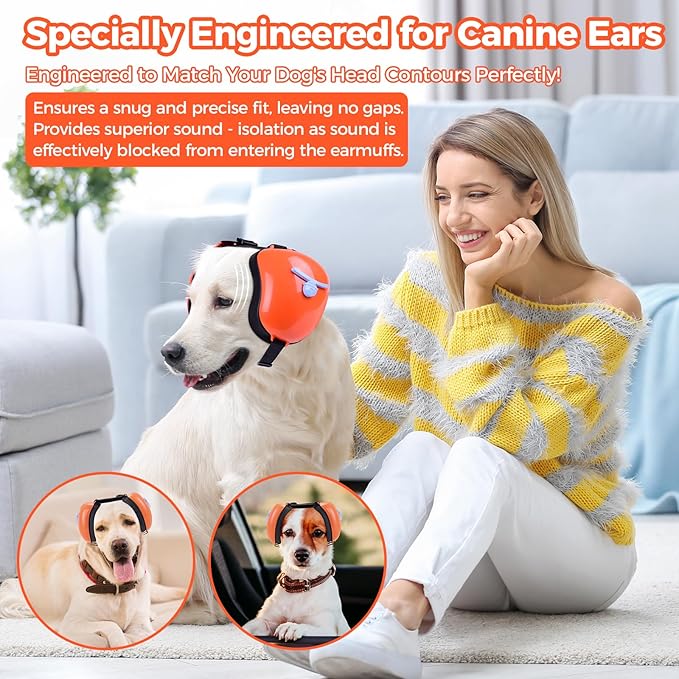 New Dog Ear Muffs for Noise Protection - 30dB NRR Dog Headphones, Noise Cancelling Hearing Protection Against Thunder/Fireworks/Vacuums, Upgraded Design with Bell Accent (Orange, Large)