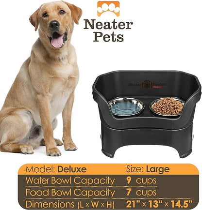 Neater Pet Brands Neater Feeder Deluxe Mess Proof Dog Bowls Elevated for Large Dogs Over 40 lbs, Made in USA, No Spill Raised Dog Food Bowl Stand Feeding Station, Food and Water Bowl Set, Black