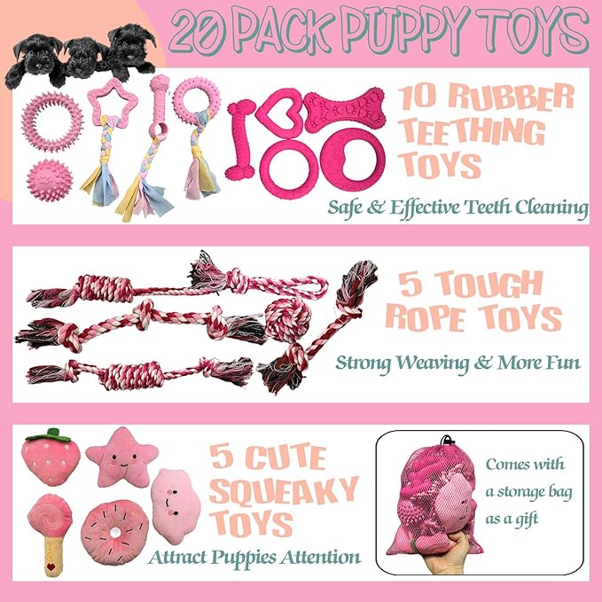 20Pcs Puppy Teething Toys Cute Chew Toy Bundle for Puppies Includes Plush Squeaky Toys,Rubber Ball,Rope Toy,TPR Bone,Dental Chew Ring-Interactive Dog Toy Gift for Small Medium Dogs with Storage Bag