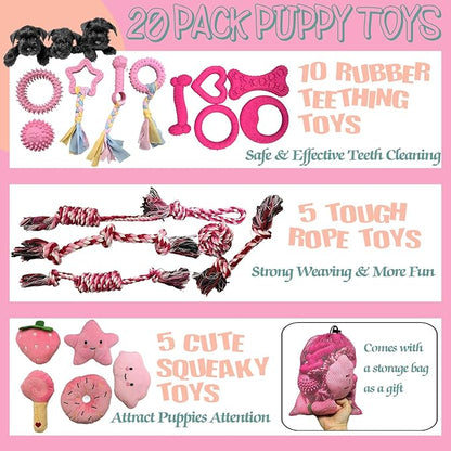 20Pcs Puppy Teething Toys Cute Chew Toy Bundle for Puppies Includes Plush Squeaky Toys,Rubber Ball,Rope Toy,TPR Bone,Dental Chew Ring-Interactive Dog Toy Gift for Small Medium Dogs with Storage Bag