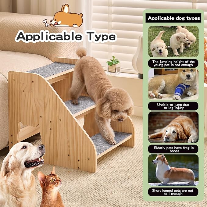 Dog Stairs for Small Medium Large Dogs 14.17" H Load Capacity 150lbs Solid Wood Non-Slip Sturdy Pet Steps for Bed & Couch 3 Step 15.75 * 16.93 * 14.17"