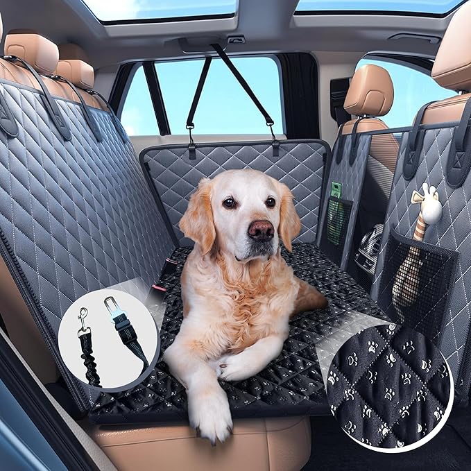 Back Seat Extender for Dogs, Dog Car Seat Cover for Back Seat - No-Slip 600D Waterproof Hammock, Exclusive Large Space Hard Bottom Seat Bed Holds 330 Ibs, Dog Accessories, Dog Bed for Car - Gray