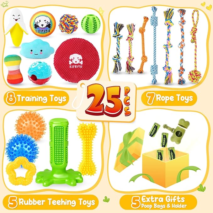 KIPRITII 25 Pack Various Dog Toys Set – Ideal for Teething, Entertainment & Interactive Play, Includes Puppy Toys, Rope Toys, Treat Balls and Squeaky Dog Toys