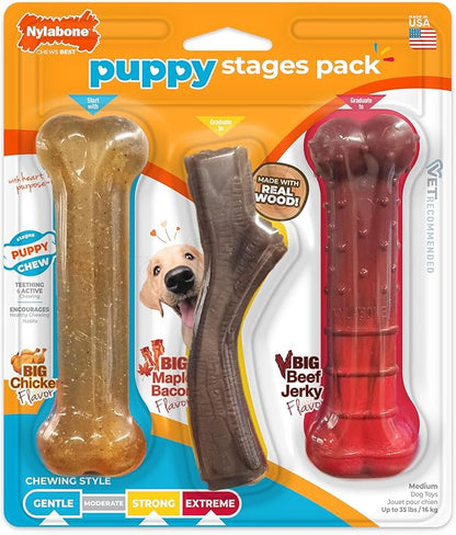 Nylabone Puppy Stages Chew Toy Set, Teething and Chewing Toys for Growing Puppies, Chicken, Maple Bacon, & Beef Jerky Flavors, Medium Dogs - Up to 35 lbs., 3 Pack