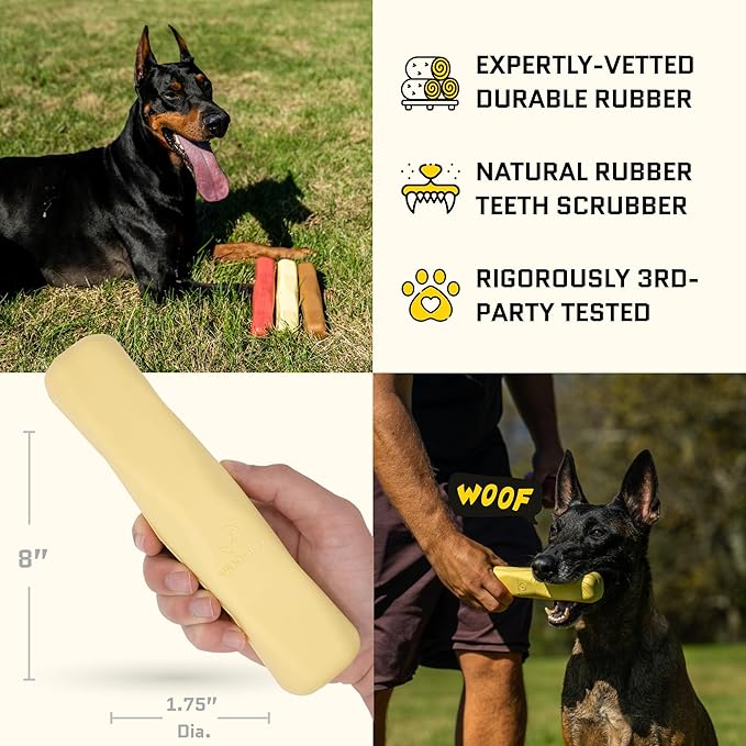 Virtually Indestructible Stick Dog Toy - Lifetime Replacement - Tough Durable Chew Toy for Aggressive Chewers - Safe Non-Toxic Natural Rubber - Chew & Fetch - Med/Large, 8”x2” - Butter Scent
