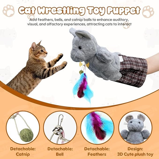 Homrich Cat Wrestling Glove Toys, Interactive Hand Puppet with Catnip & Feathers, Thick Soft Padding for Safe Play - Durable Fun & Enrichment for Cats & Kittens
