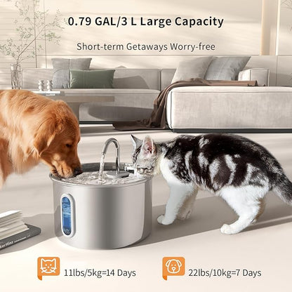 Stainless Steel Cat Water Fountain, Corded 3L/101oz Pet Water Fountain, Dog Waterer with Quiet Pump and 4-Layer Filtration for Cats and Dogs