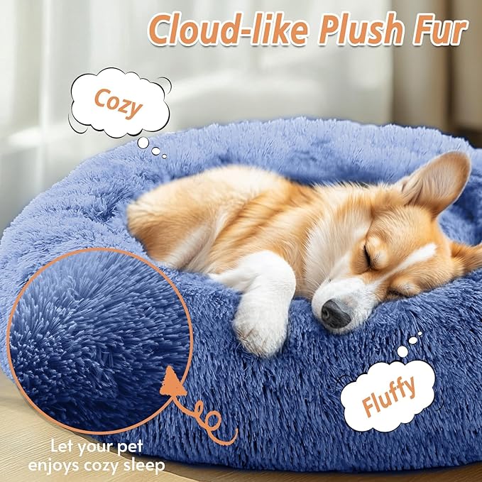 JOLLYVOGUE Calming Dog Bed Medium Size Dog, 31in Donut Washable Medium Pet Bed, Anti-Slip & Anti-Anxiety Fluffy Faux Fur Round Dogs Bed, Fits up to 45 lbs Pets (Navy Blue)