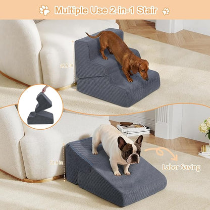 Dog Ramp for Bed, Extra Wide 20" Width Dog Stairs for High Bed, 2 in 1 Pet Steps for Small Dogs, 4-Step Foldable Transformable Large Cats Ramp to Get on Couch, Non-Slip Balanced, Grey