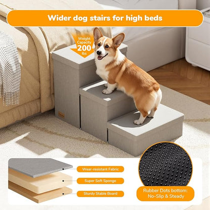 3-Step Wide Dog Stairs with Hidden Storage 18" H, Non-Slip Dog Steps for High Bed Couch Window Car, Jiont-Friendly Pet Stairs Ramp for Small/Medium/Large Old Dogs Cats Up to 200lbs, Grey