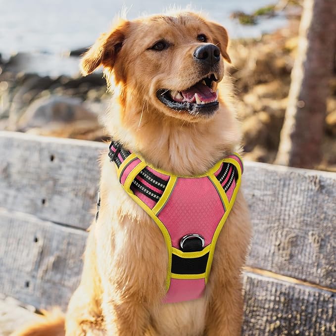 rabbitgoo Dog Harness for Large Dogs, No Pull Pet Vest with 3 Buckles, Adjustable Soft Padded Pet Harness with Easy Control Handle and Reflective Strips, Pink & Yellow, XL