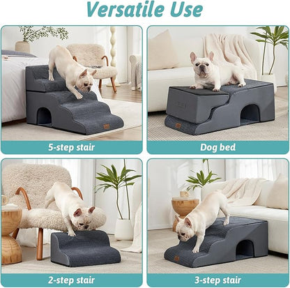 Extra Wide Dog Stairs with Tunnel, Detachable Large Pet Step for Small Medium Dog, Puppy or Cat, Ramp for High Bed, Couch, Sofa or Car, Stable, 19.7x33x22.4 inch, 5 Step, Charcoal Grey