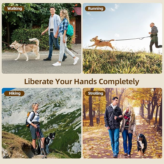 Hands Free Dog Leash with Zipper Pouch, Dual Handle Retractable Reflective Heavy Duty Bungee Leash for Small & Medium Dog Running Walking Jogging Training Hiking, Black