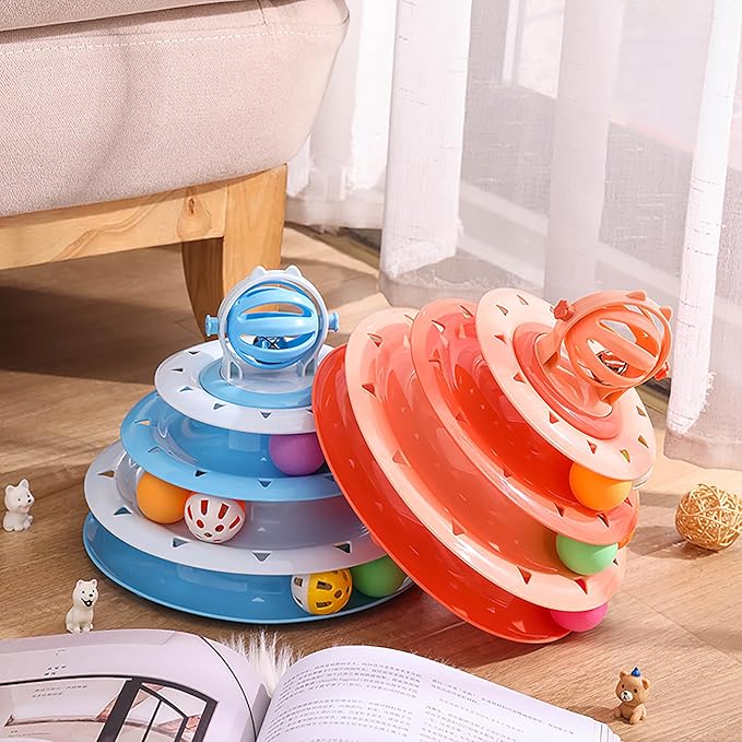 Vealind Cat Toy Roller 4-Level Turntable Cat Toys Balls with 14 Pcs Colorful Pom Pom Balls Interactive Fun Mental Physical Exercise Puzzle Kitten Toys (Green)
