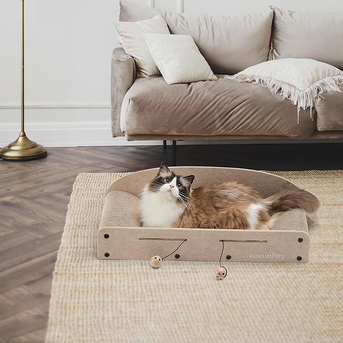 FUKUMARU 26 Inch Cat Scratcher Bed, 2 Reversible Cardboard Cat Scratch Pads Refill for Indoor Cats, Durable Large Cats Scratching Bed Sofa Couch Lounger with Fun Toys, Furniture Protector, Beige