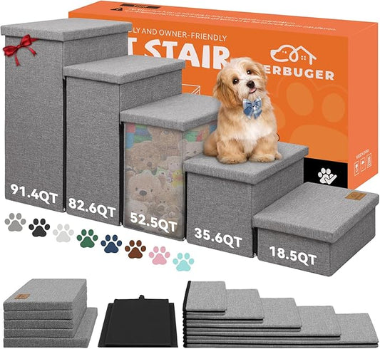 Dog Stairs for High Beds, Folding Pet Stairs Gift for Dogs Puppy with Storage for Bed Couch, Cat Dog Ramp Hold Up to 200 lbs (Gray, 5 Steps No Condo(49" D x 17" W x 26" H))