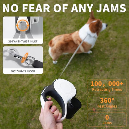 360° Tangle-Free Retractable Dog Leash 16 ft Heavy Duty Reflective Nylon Tape for Small to Medium Dogs Up to 60lbs,Soft Grip,Lock,Medium Size,White