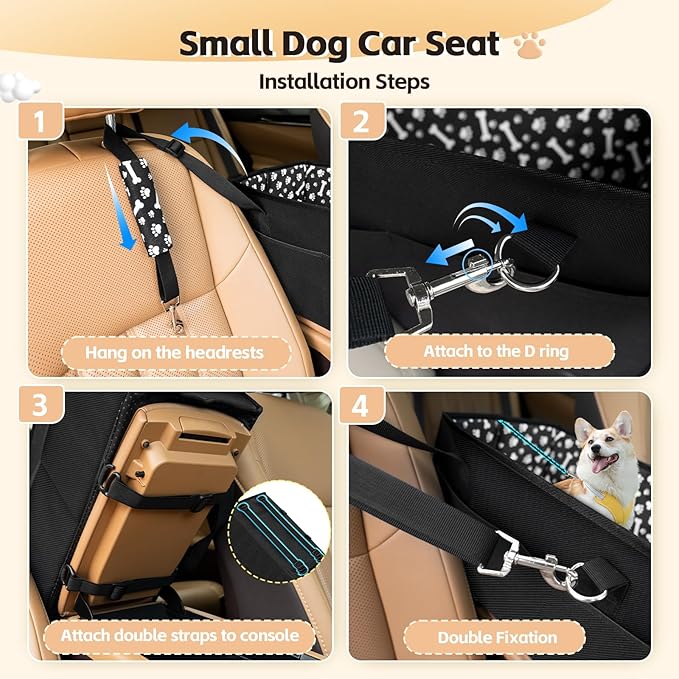 Center Console Dog Car Seat, Portable Pet Cat Puppy Booster Armrest Carseat, Anti-Collapse Pet Car Seat with Safety Leash, Adjustable Straps, Storage Pockets, Support Pet Up to 15lbs (Black)