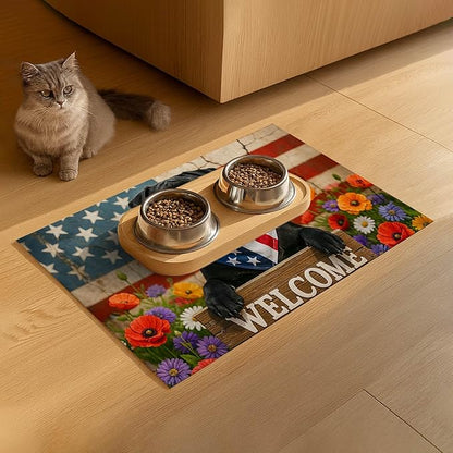 4th of July Flag Dog Pet Food Mat Independence Day Spill-Proof Pet Feeding Mat Welcome Dog Bowl Mats Pets Placemat Cat Food Mats for Home Decor 24" x 16"