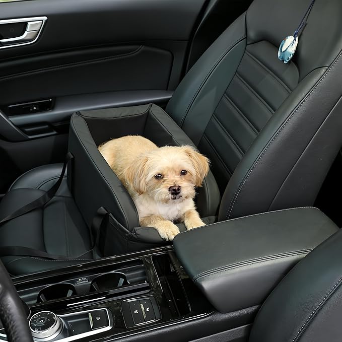 Waterproof Faux Leather Center Console Dog Car Seat, 2-in-1 Portable Puppy Carrier & Armrest Booster Seat for Small Dogs, Easy-to-Clean Tech Fabric, Sturdy Cushioned, Anti-Collapse Walls, Under 11 lbs