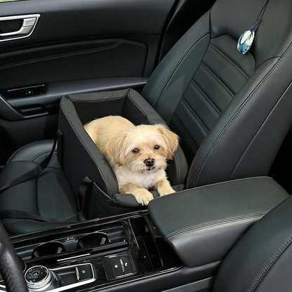 Waterproof Faux Leather Center Console Dog Car Seat, 2-in-1 Portable Puppy Carrier & Armrest Booster Seat for Small Dogs, Easy-to-Clean Tech Fabric, Sturdy Cushioned, Anti-Collapse Walls, Under 11 lbs